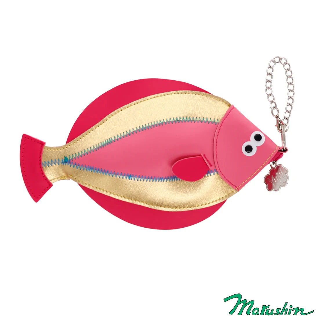 Pink fish-shaped pouch with gold interior, chain, and 'Yup!' logo on a white background.