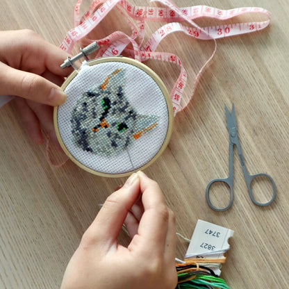 Mini Cross Stitch Embroidery Kit Grey Tabby Cat
