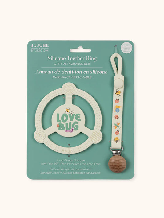 Silicone Teether Ring with Detachable Clip Love Bug