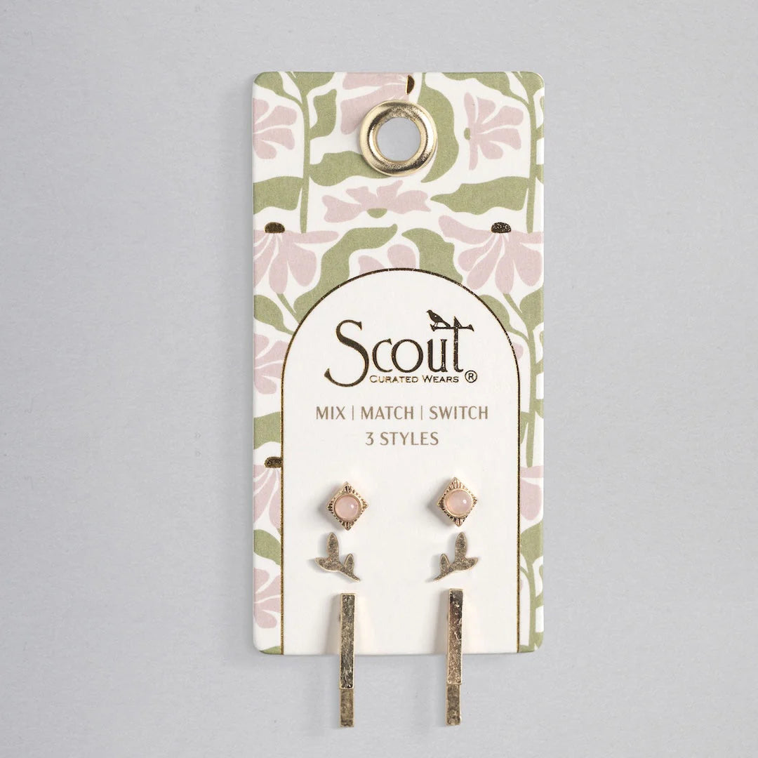 Stud Trio Ear Jacket Set Leaf Rose Quartz Gold