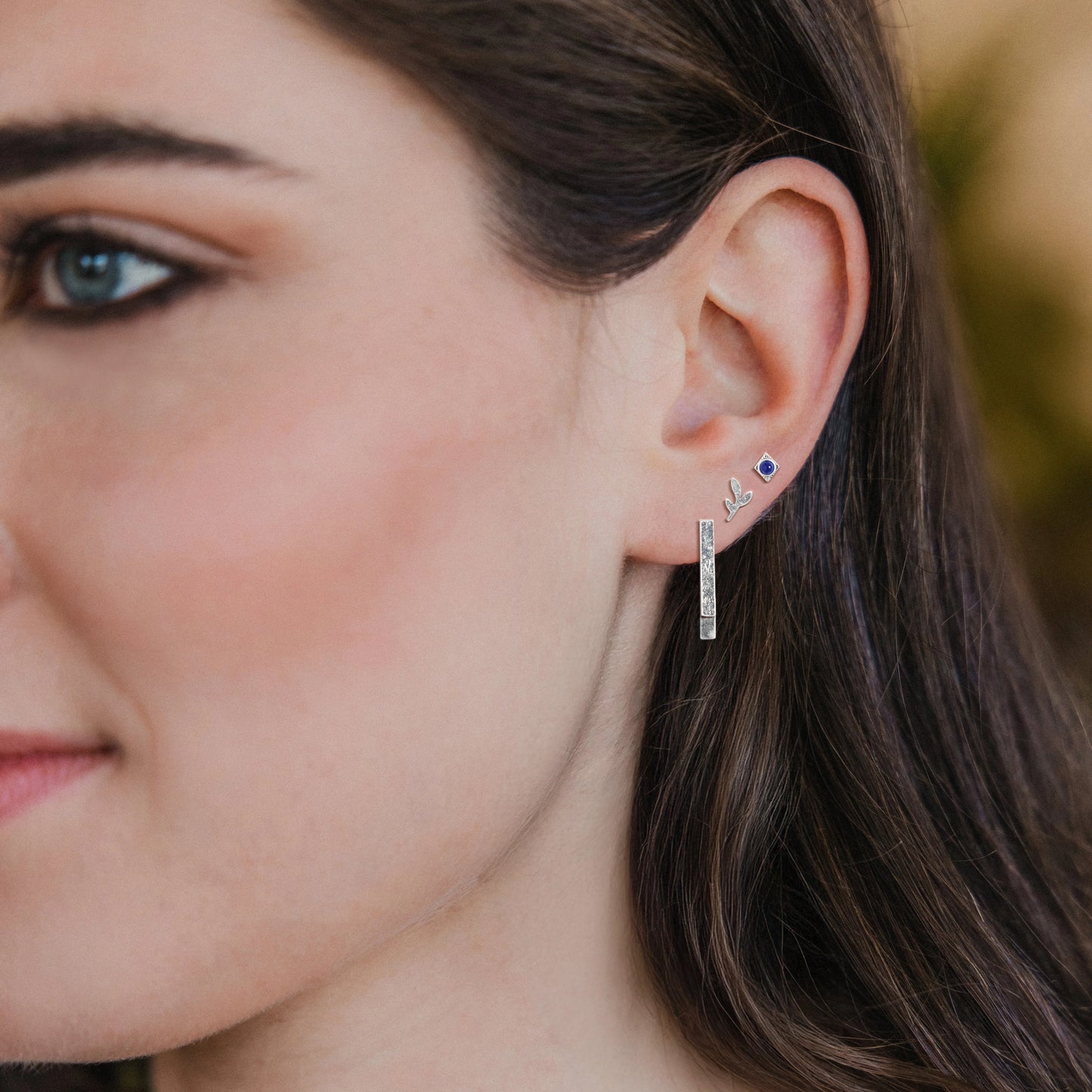 Stud Trio Ear Jacket Set Leaf Lapis Silver