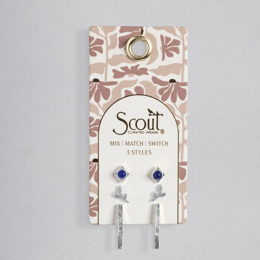 Stud Trio Ear Jacket Set Leaf Lapis Silver