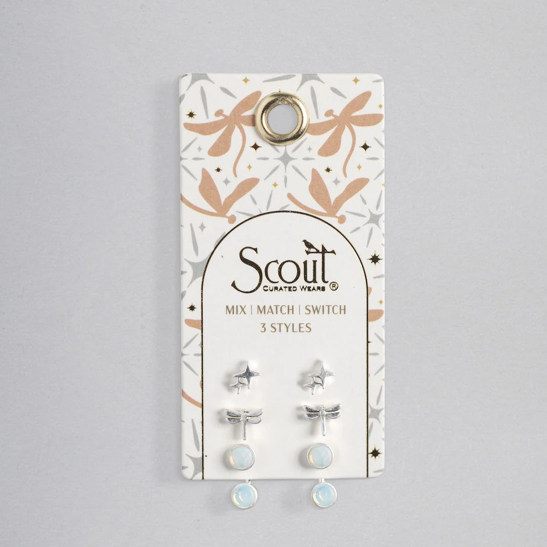 Stud Trio Ear Jacket Set Dragonfly Opalite Silver