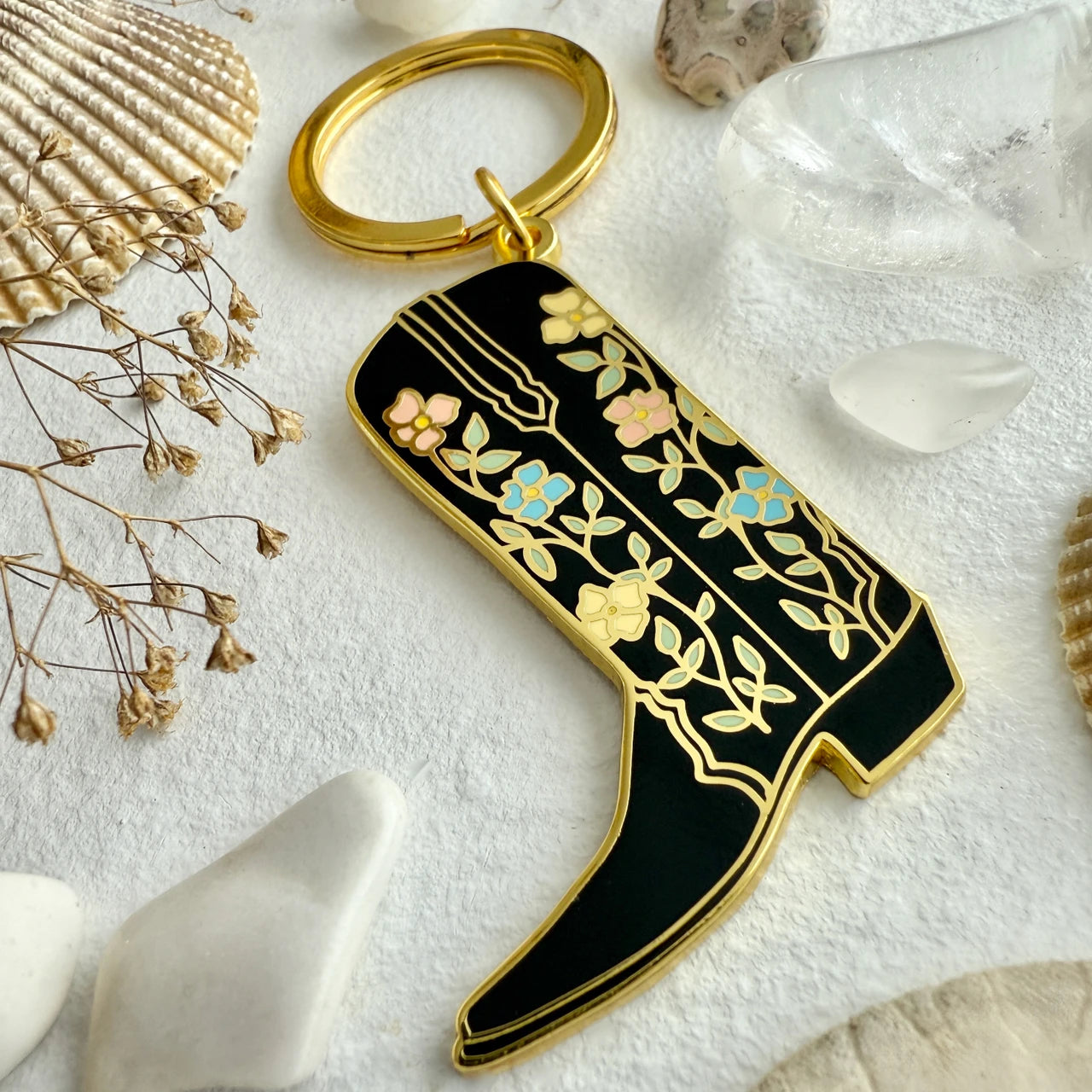 Dolly Cowboy Boot Enamel Keychain in Black/Gold
