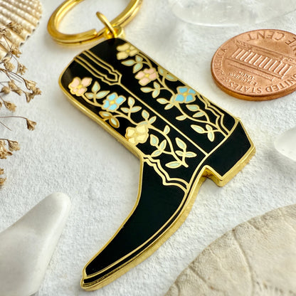 Dolly Cowboy Boot Enamel Keychain in Black/Gold