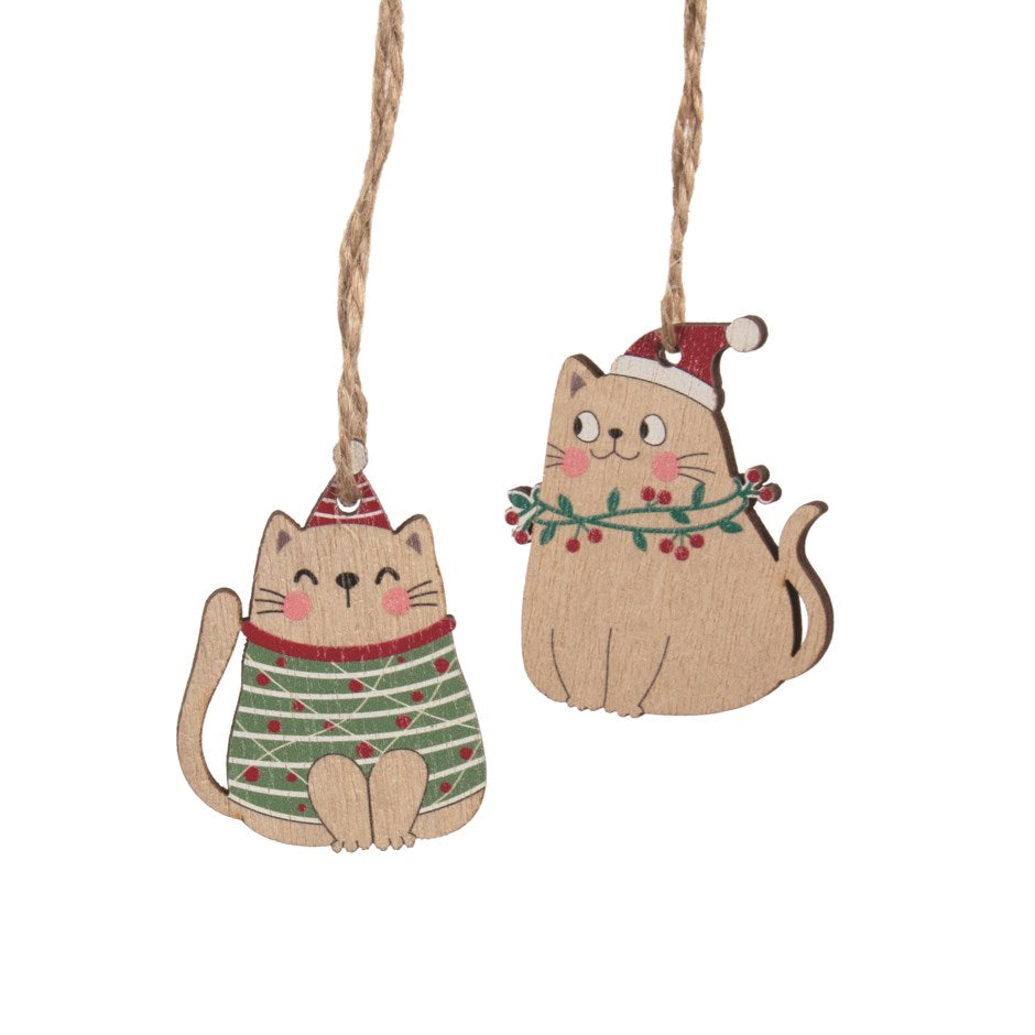 Festive Cat Wood Ornament