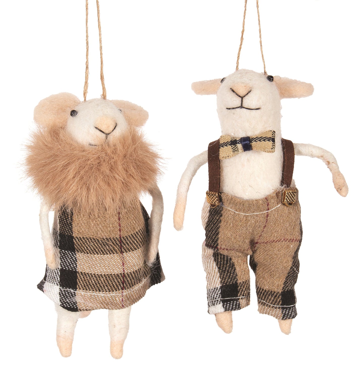 Felted Wool Fancy Mice Couple in Tan Tartan Christmas Ornament