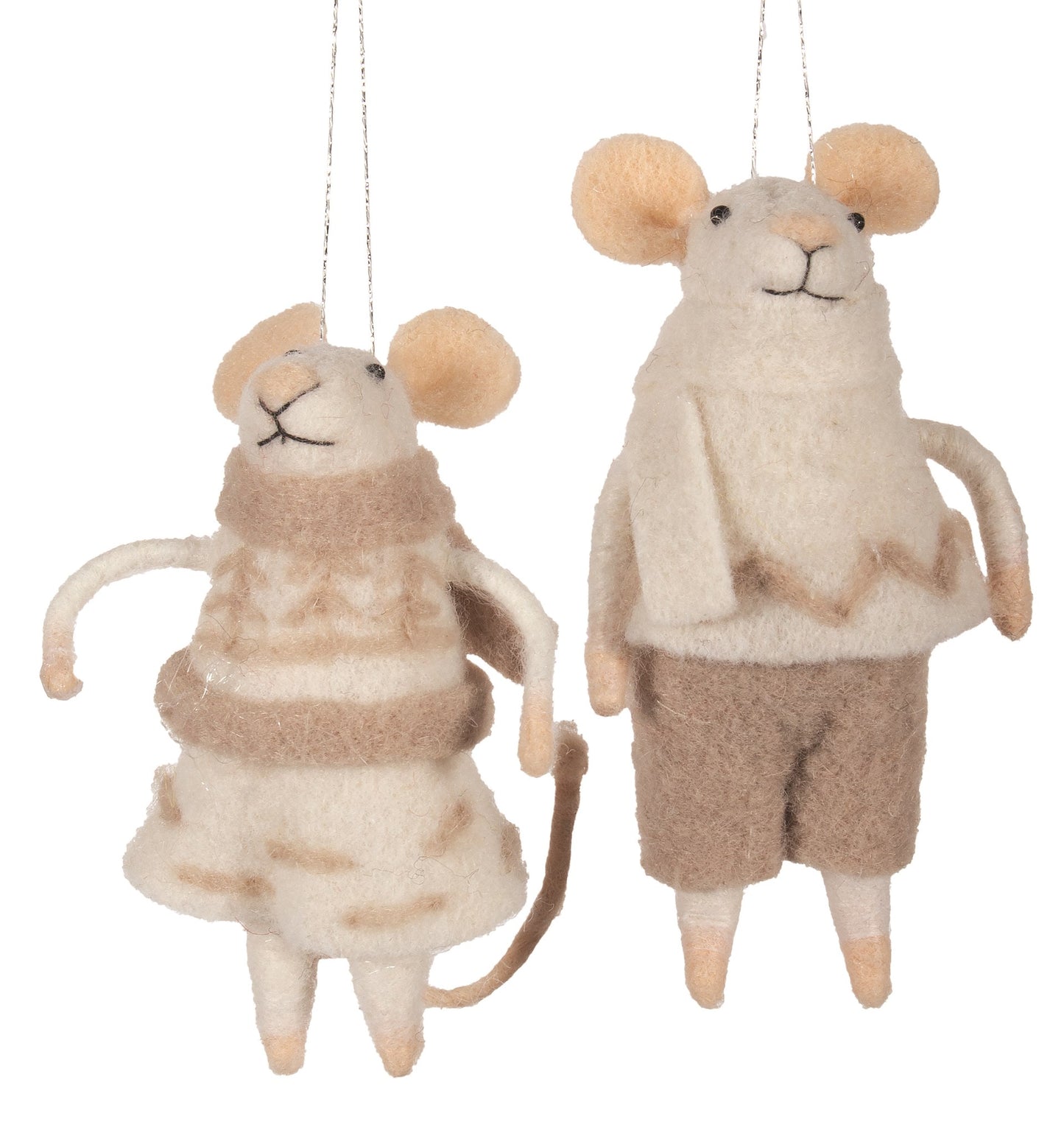 Felted Wool Mice Couple in Ivory & Tan Outfits Christmas Ornament