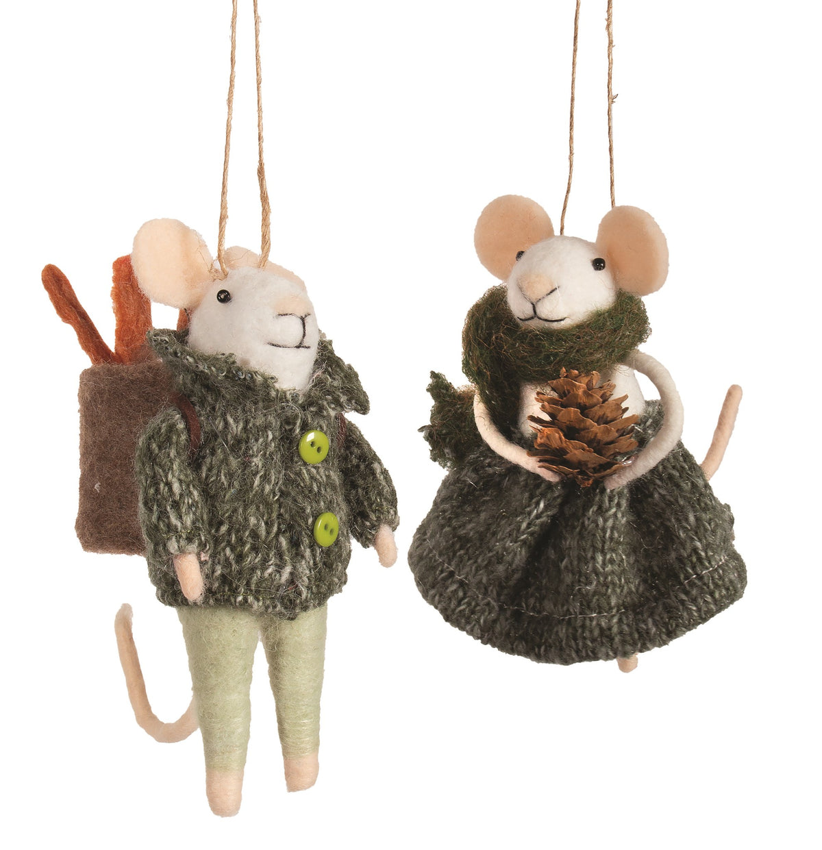 Felt Forest Mice Couple in Green Knit Outfits Christmas Ornament