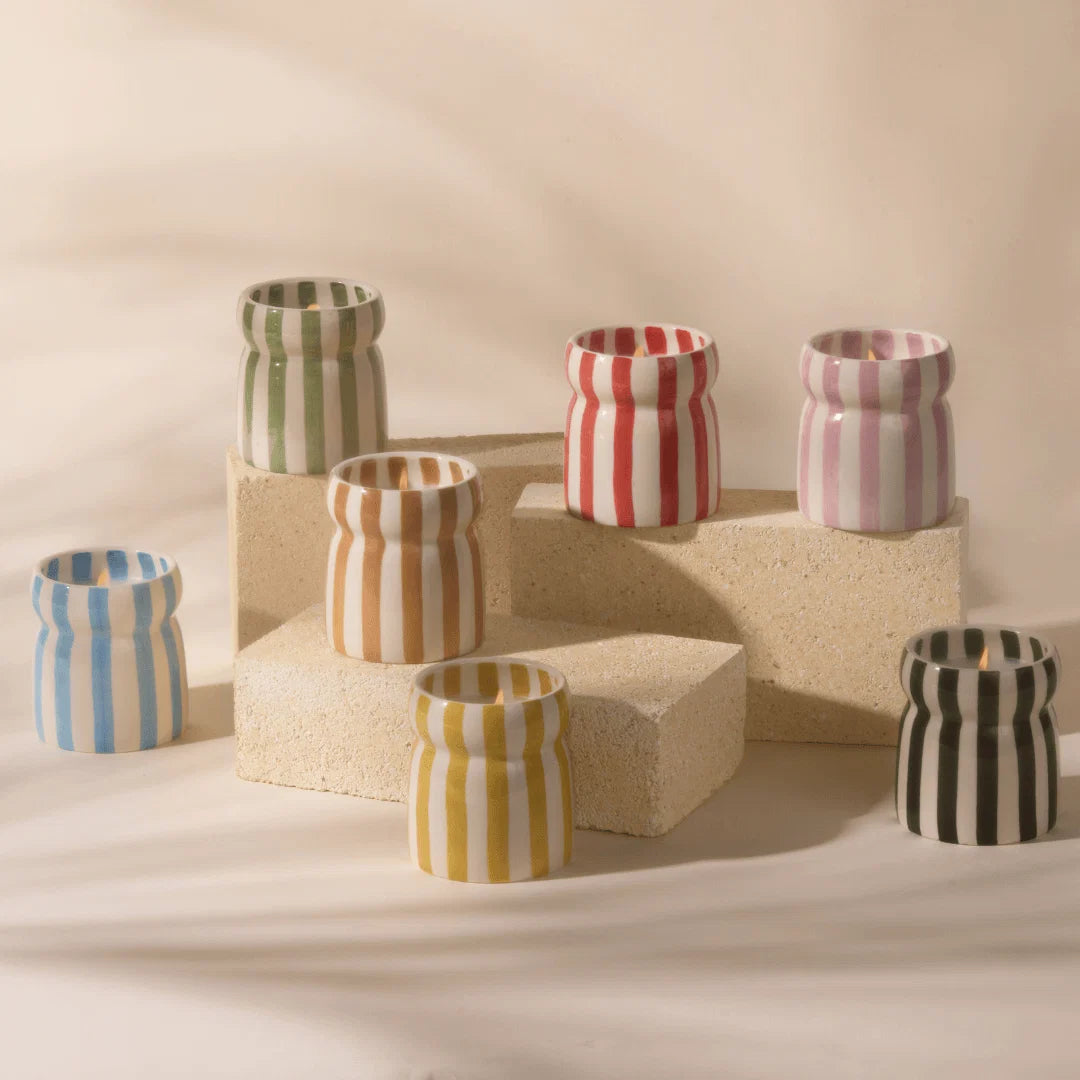 Cabana Lavender Striped Ceramic Candle Grecian Sand