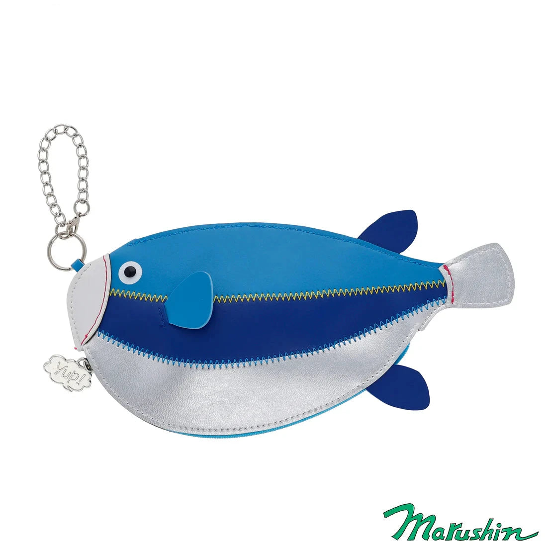 Blue and white fish-shaped pouch with zipper on a white background, featuring the 'Yup!' brand logo.