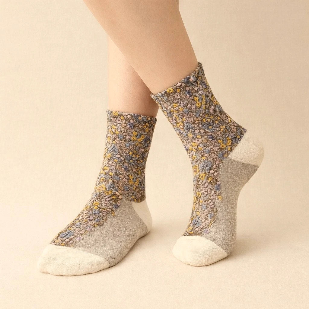Brueghel Floral Appliqué and Pointelle Crew Sock