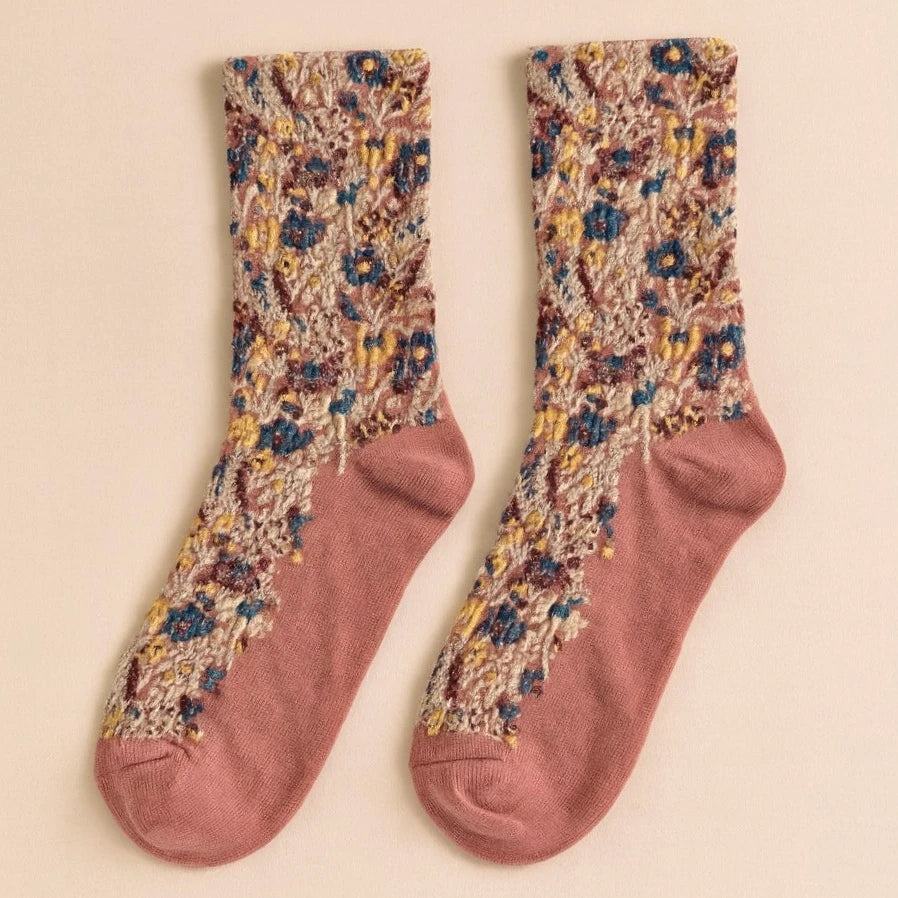 Brueghel Floral Appliqué and Pointelle Crew Sock