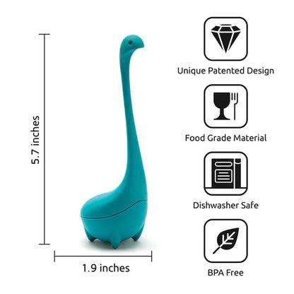 Teal kitchen tool with measurements and certification icons on a white background