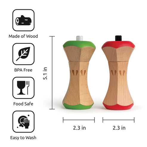 Wooden pepper grinder and salt shaker with measurements and safety features on a white background