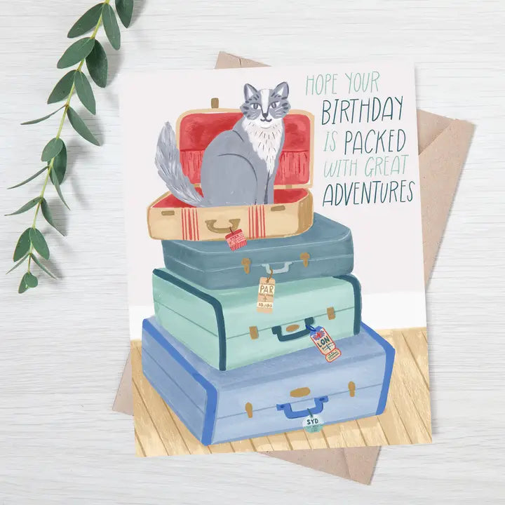 Cat with Vintage Suitcases Birthday Adventures Card