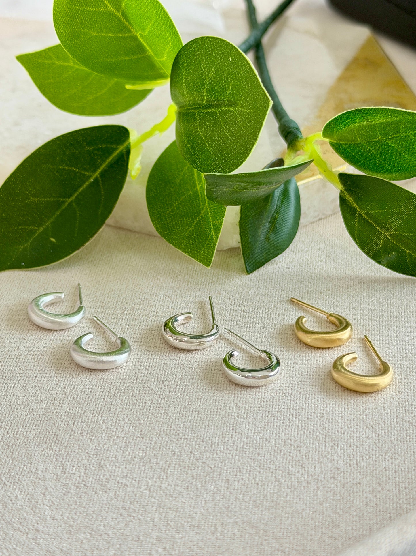 Tiny Puffed Solid 10mm Hoop On Post Brush 14k Gold Vermeil Earrings