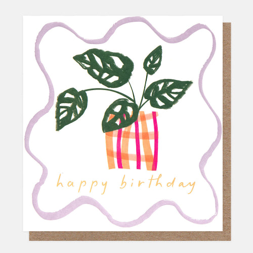 Happy Birthday Monstera Plant Checked Pot Card
