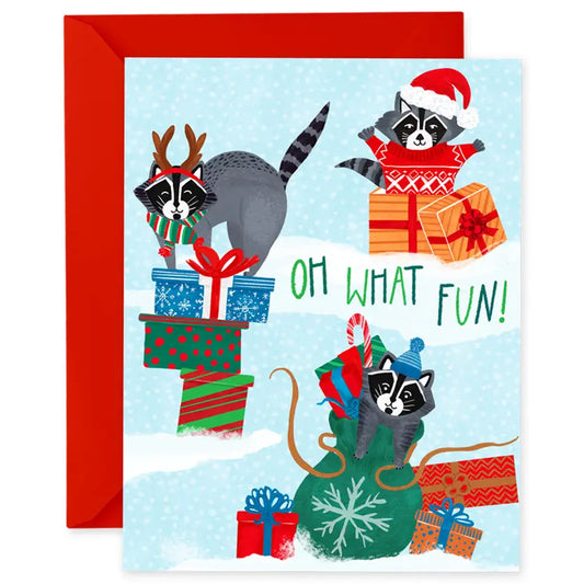Cute Raccoons with Stacks of Christmas Presents Card