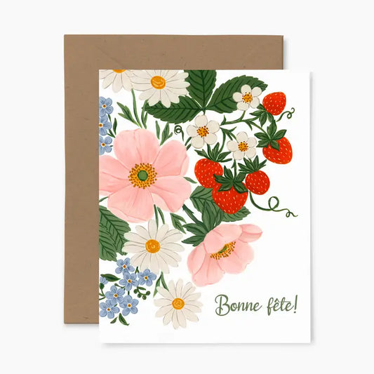 Flowers and Strawberries "Bonne Fete" Greeting Card