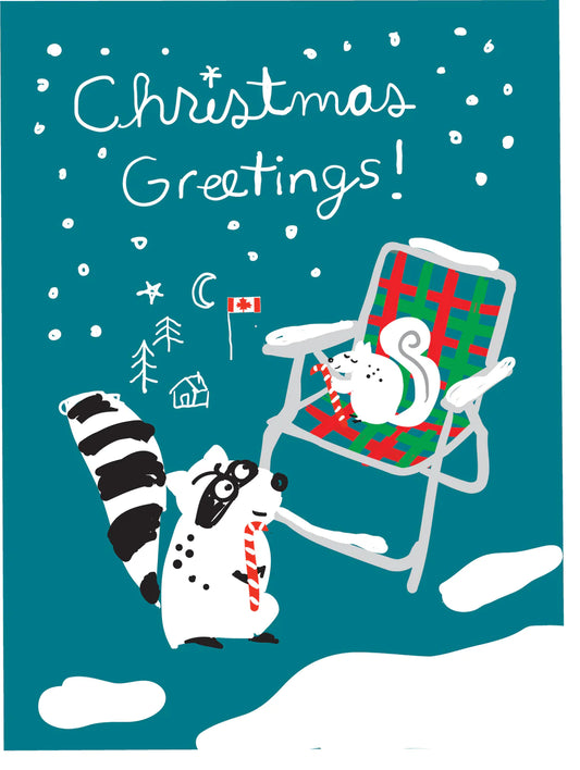 Chair, Raccoon, Squirrel Holiday Card