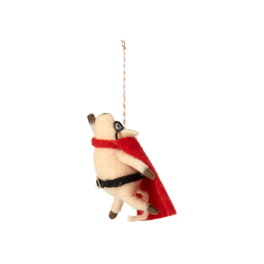 F73 - Felt Flying Pink Pig Super Hero With Black Mask And Red Cape Ornament