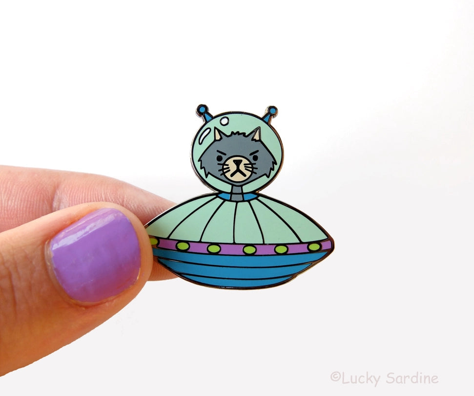 @49 Alien Cat, UFO Spaceship Enamel Pin