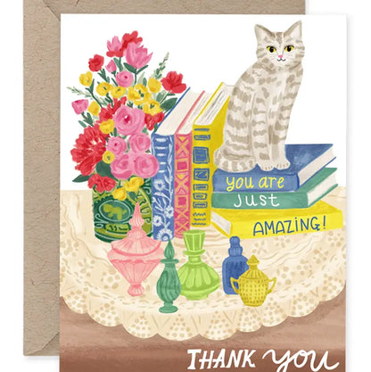 Cat with Vintage Books and Bottles Thank You Card