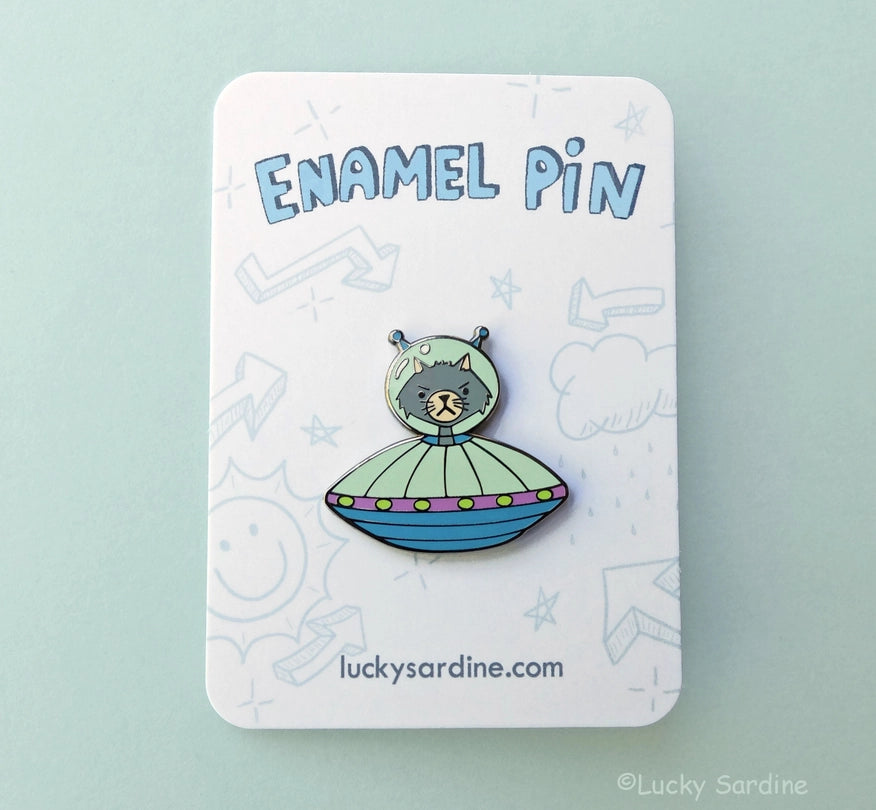 @49 Alien Cat, UFO Spaceship Enamel Pin