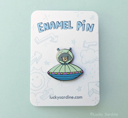 @49 Alien Cat, UFO Spaceship Enamel Pin