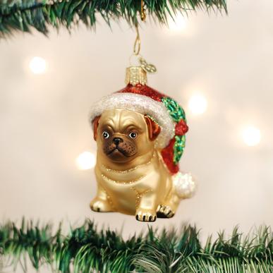 Holly Hat Pug Ornament