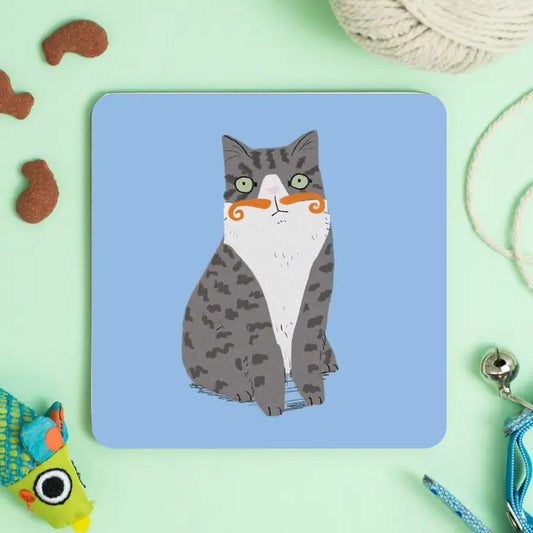 Meowstachio Cat Tabby & White Ginger Tash Coaster