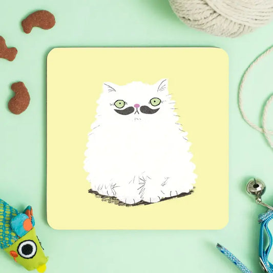 Meowstachio Cat White Fluffy Black Tash Coaster