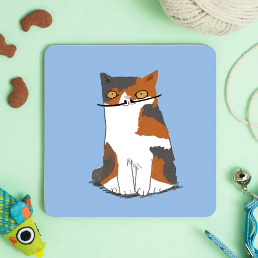 Meowstachio Cat Calico Black Tash Coaster