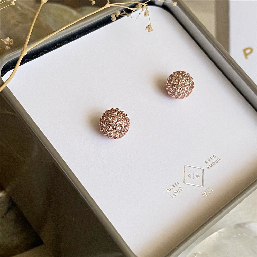 Novasphere 2.0 Clear Crystal Encrusted Rose Gold Ball Stud Earrings