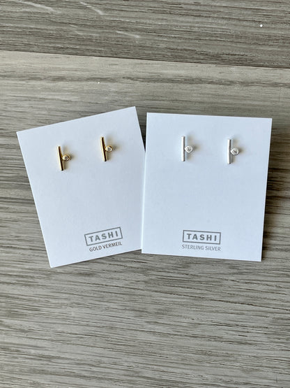 Tiny Bar With Size CZ Studs 14K Gold Vermeil