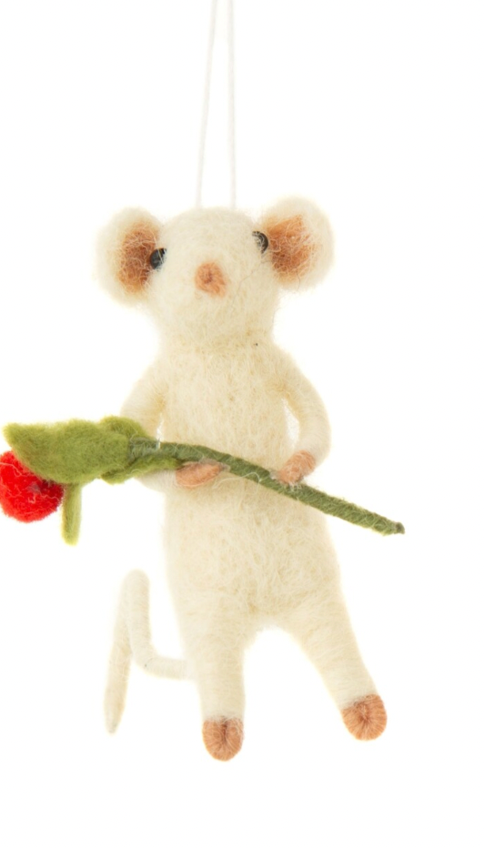 Mini Felt Mice Holding Heart or Flower Ornament