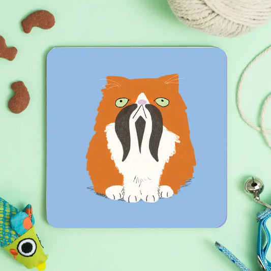 Meowstachio Cat Ginger & White Black Tash Coaster